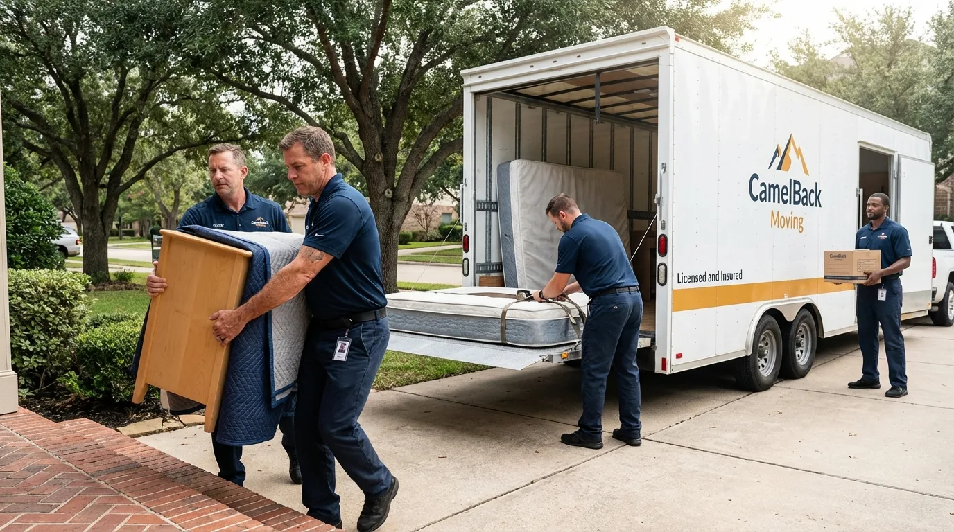 Crew loading residential truck for cross-state move from Cambria, IL