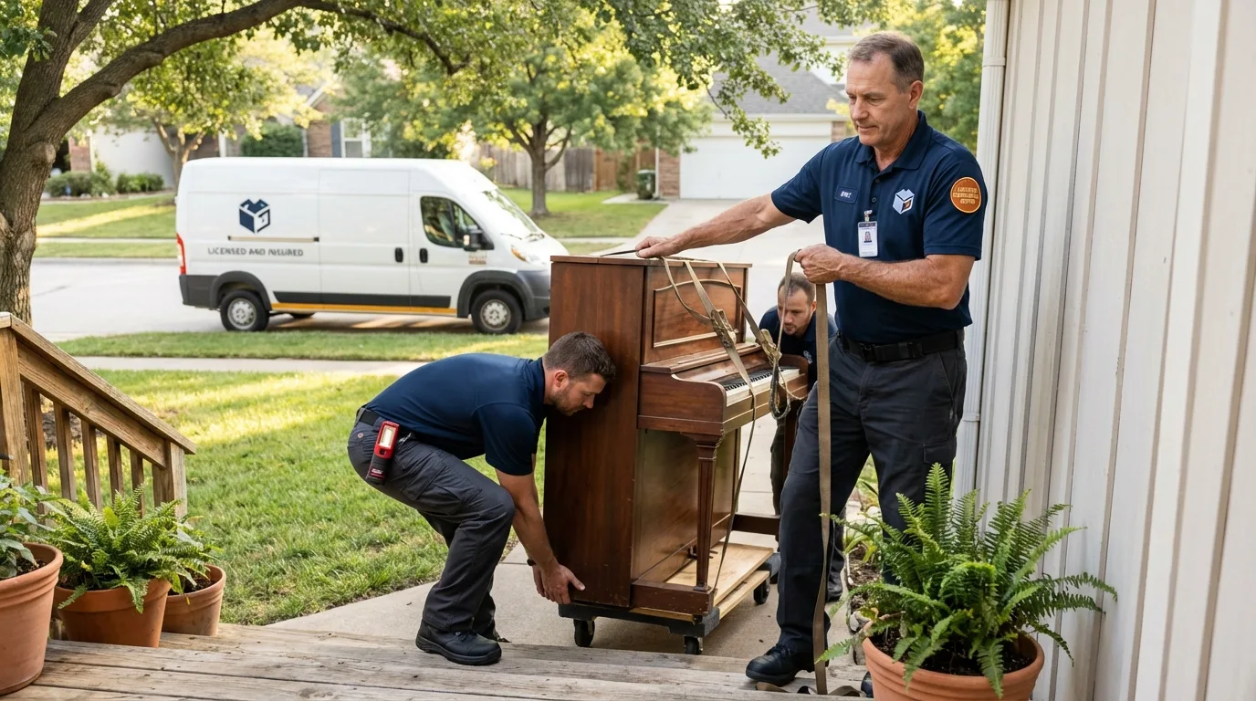 Licensed piano movers securing grand piano in Cambria, IL