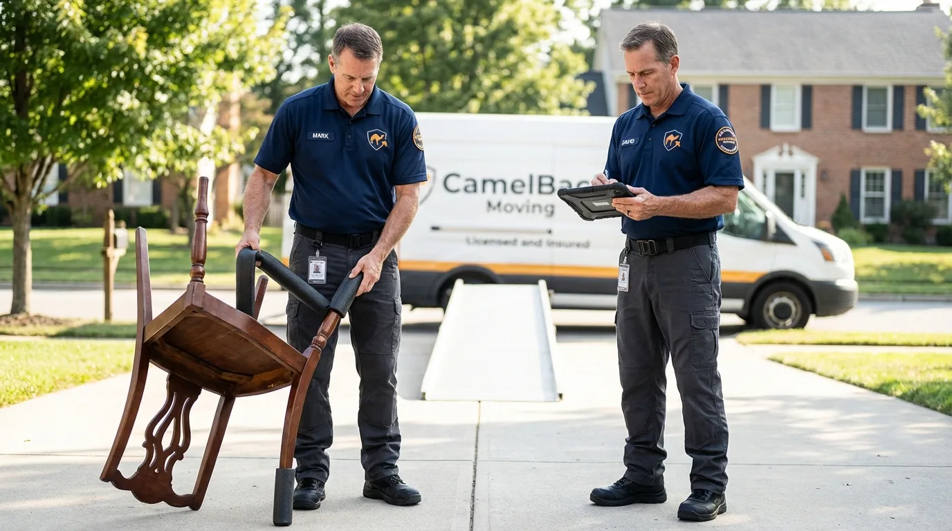 Movers inspecting furniture for damage prevention before loading in Cambria, IL