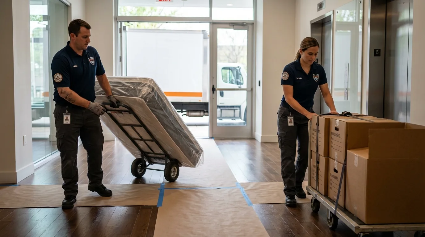 Professional apartment movers loading elevator in Cambria, IL