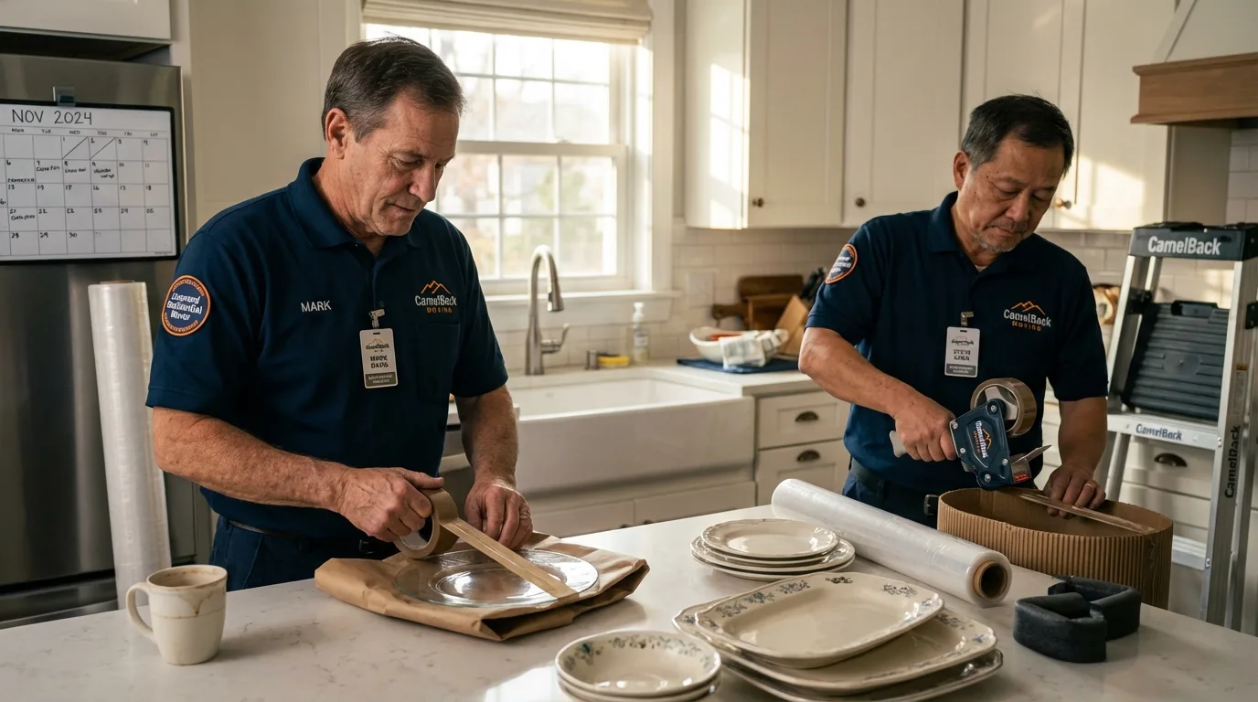 Professional crew packing kitchen dishware in Cambria, IL